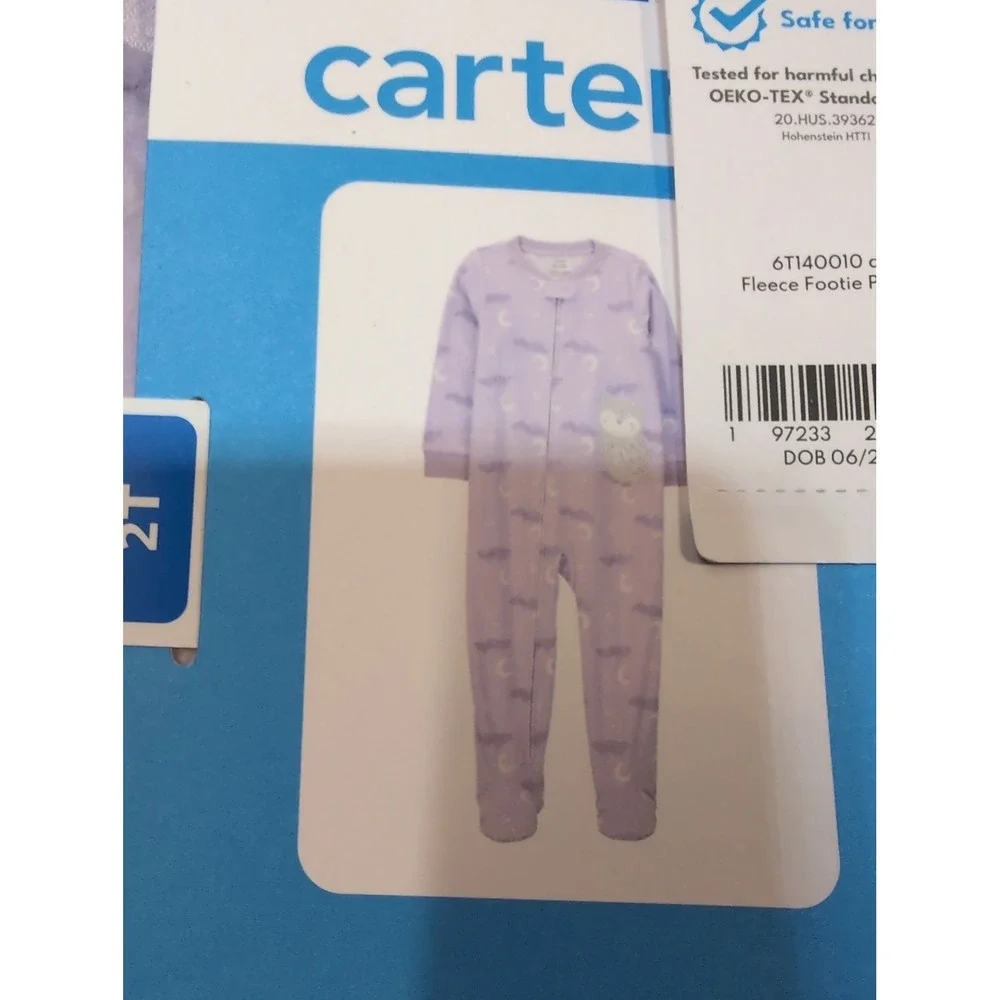 Carter's Kids 2T Purple Fleece Footie Pajama Owl‎ Moon Stars Sleepwear